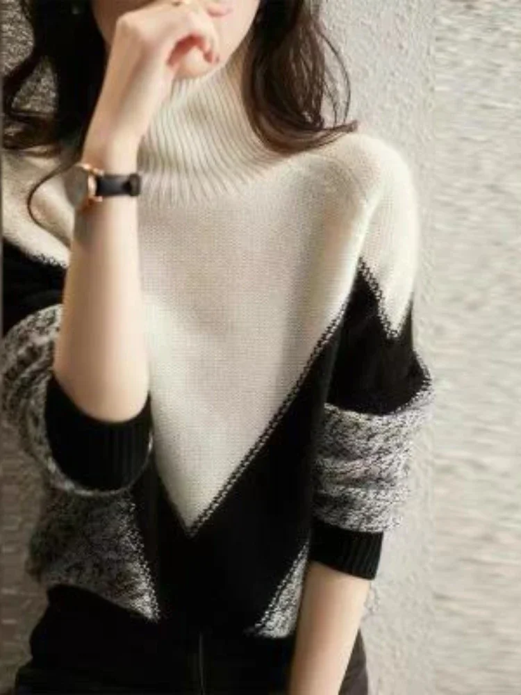 Top Trends: 2023 Winter Women&#039;s Turtleneck Sweater Warm Pullover Commuter Elegant Top Loose Casual Women&#039;s Top Retro Contrast Color Jumpers Shoppable Styles