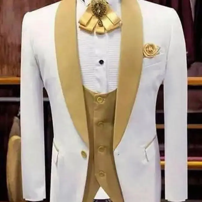 Top Trends: White And Gold Wedding Evening Dress Groomsman Shawl Lapel Men Suit 3PCS Costume Homme Jacket Vest And Gold Pants Shoppable Styles - Image 2