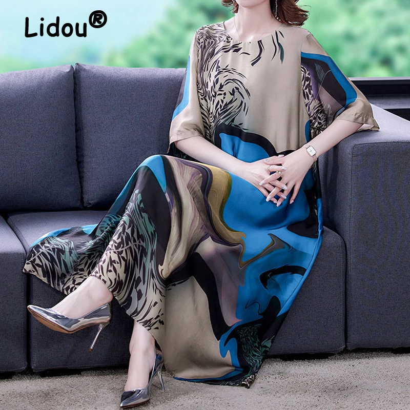 Top Trends: 2022 Ladies O Neck Loose Casual New Vintage Printed Silk Midi Dresses Robe Spring Summer Prom Dress Women Elegant Party Vestidos Shoppable Styles