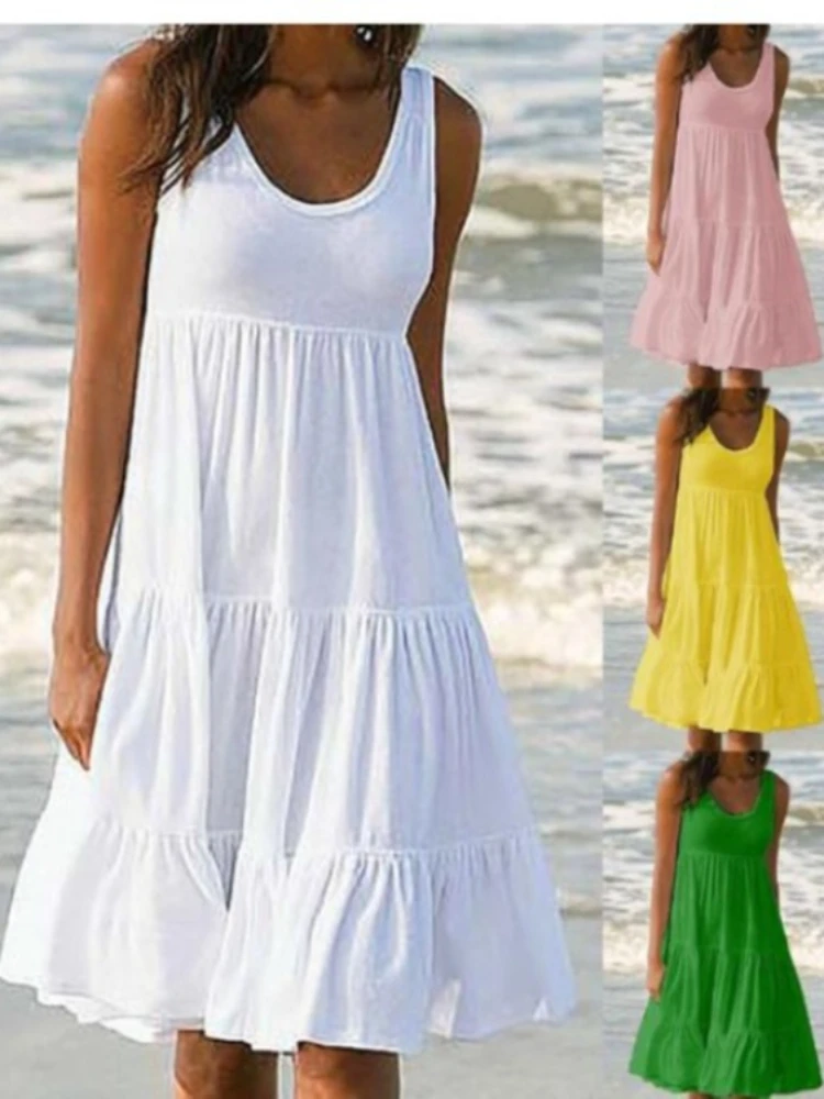 Top Trends: Oversized O Neck Sleeveless Ruffles Loose Beach Dress Women Boho Solid Color Plus Size Elegant Sundress Club Party Vestidos Shoppable Styles