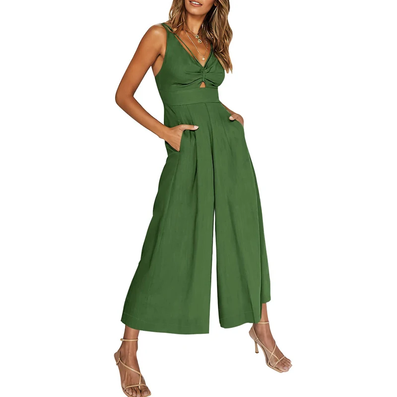 Top Trends: Women Sexy Backless V Neck Hollow Sleeveless Elegant Wide Leg Jumpsuit 2023 Summer Fashion Solid Slim Pockets High Waist Rompers Shoppable Styles - Image 4