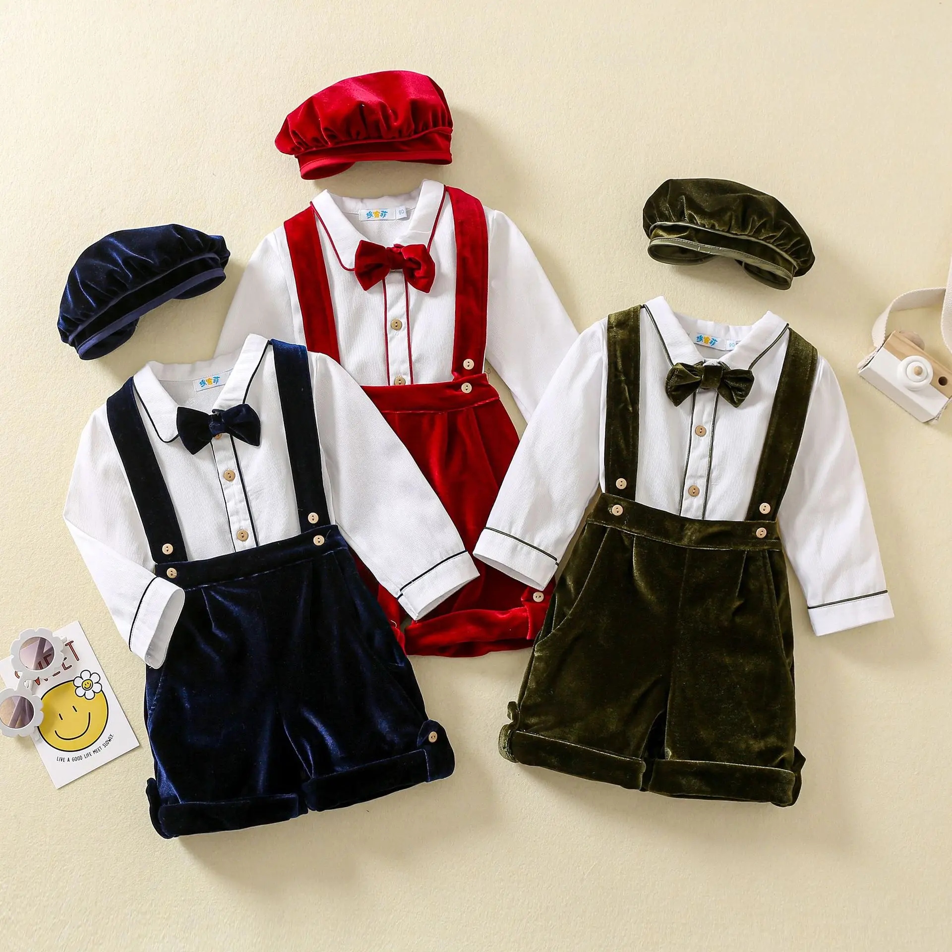 Top Trends: Spanish Baby Boy Clothes Set Vintage Kids Summer Suit Formal Wedding Toddler White Shirt + Velvet Suspender Pants Shorts Outfits Shoppable Styles