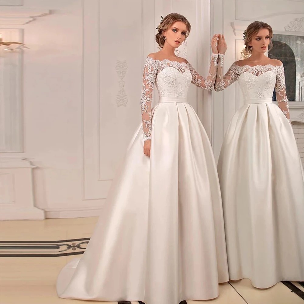 Top Trends: Classic Wedding Dresses O-Neck Full Sleeves Zipper Lace Applique Bride Gowns Illusion Sweep Train A-Line Satin Vestidos De Novia Shoppable Styles