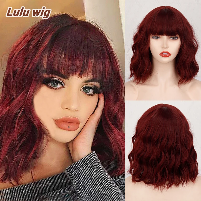 Top Trends: Short Bob Synthetic Wigs For Women Short Wavy Wigs With Bangs Wavy Bob Wig Wine Red Wig Heat Resistant Fiber Cosplay Hair Shoppable Styles