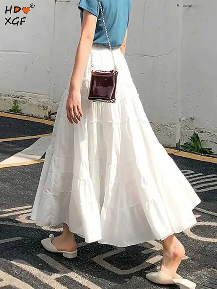 Top Trends: Korean Fashion White Long Skirts Women Casual Solid Color Pleated A-line High Waist Umbrella Skirt All-match Loose Fairy Skirts Shoppable Styles