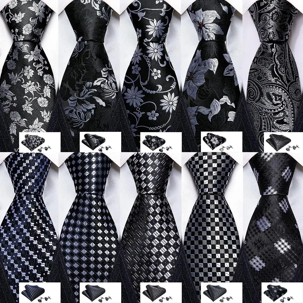 Top Trends: Designer Ties For Men Black Silver Gray Solid Paisley Striped Plaid Floral Neck Tie Pocket Square Cufflinks Set Barry·Wang Shoppable Styles