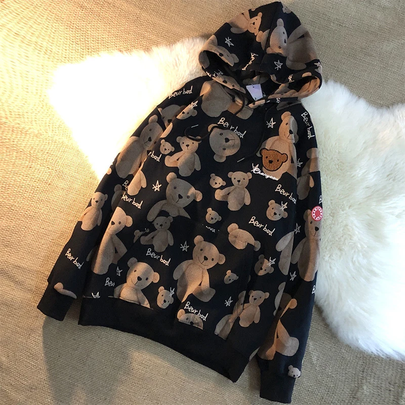 Top Trends: Winter Plush Thick Loose Lazy Ulzzang Ins Oversized Korean Sweatshirt Ladies Sports Tops Women's Bear Print Embroidered Hoodie Shoppable Styles