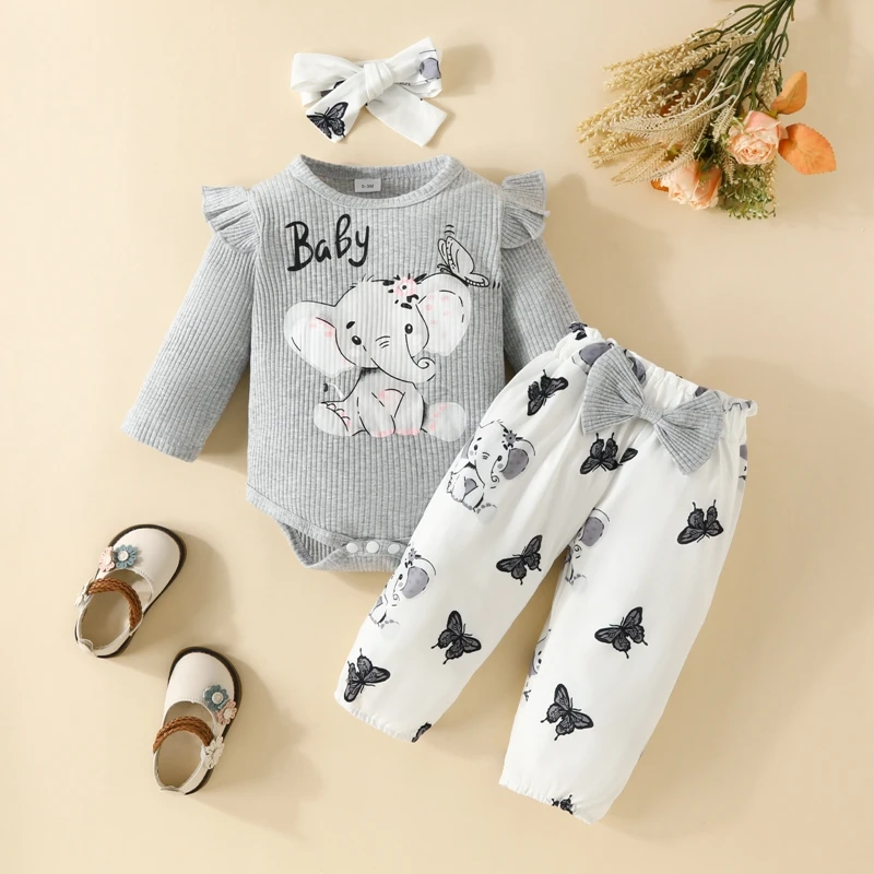 Top Trends: BeQeuewll 3Pcs Baby Girl Cute Fall Outfits Long Sleeve Elephant Print Romper And Bow Pants And Headband Set Infant Outfit Shoppable Styles