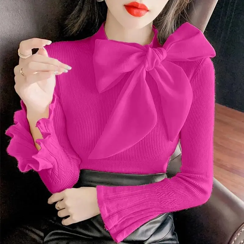 Top Trends: Elegant Solid Color Flare Sleeve Knitted Bow Blouse Women's Clothing 2022 Autumn New All-match Casual Pullovers Loose Sweet Shir Shoppable Styles