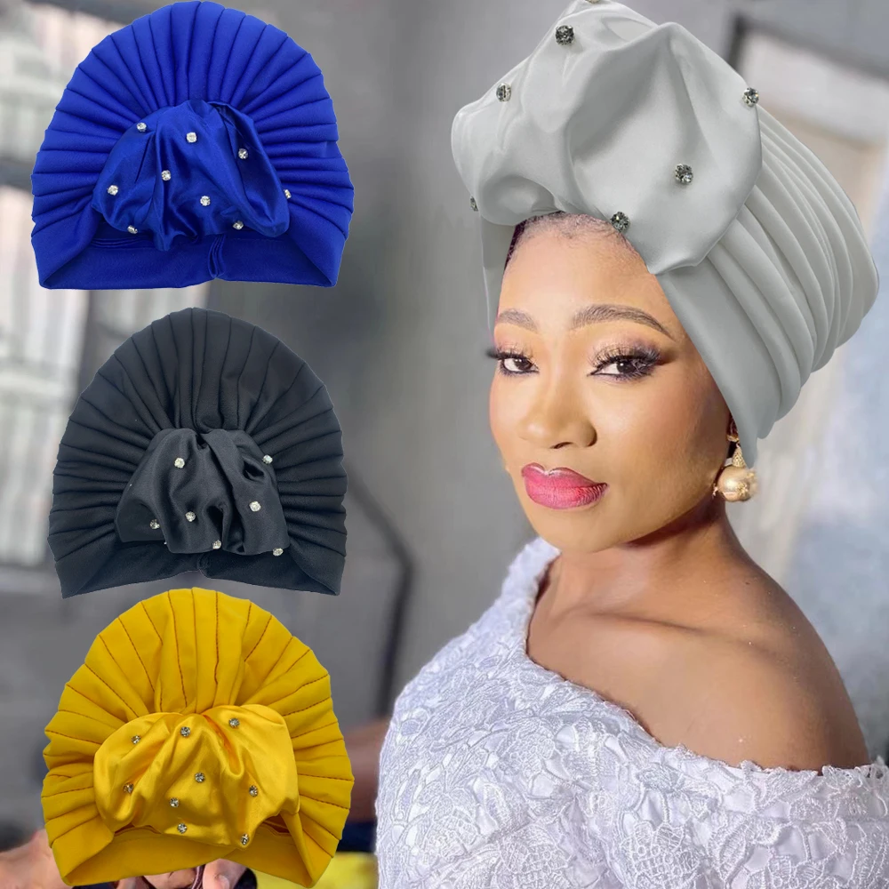 Top Trends: Fashion African Rhinestone Headwrap Bonnet Muslim Hat Nigeria Headpiece 2023 New Satin Ruffled Pleated Turban Cap For Women Shoppable Styles