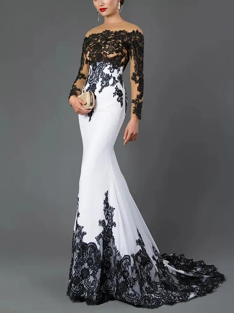 Top Trends: Black Lace Appliques Long Sleeve Mermaid Evening Dresses Sweep Train Formal Party Dress For Women Prom Gowns Shoppable Styles