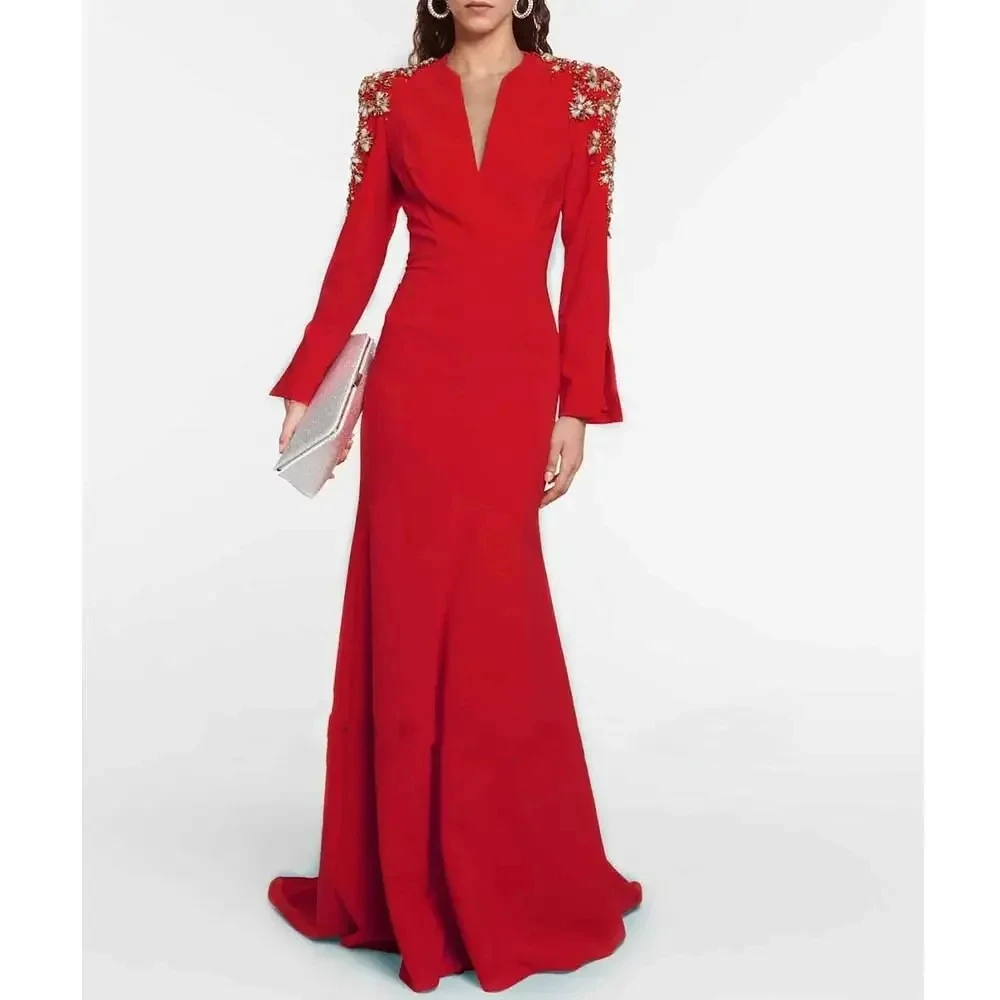 Top Trends: Elegant Red Evening Gown Rhinestone Luxury V-Neck Prom Dress Mermaid High Long Sleeves Beading Saudi Arabia Women Formal Dress Shoppable Styles