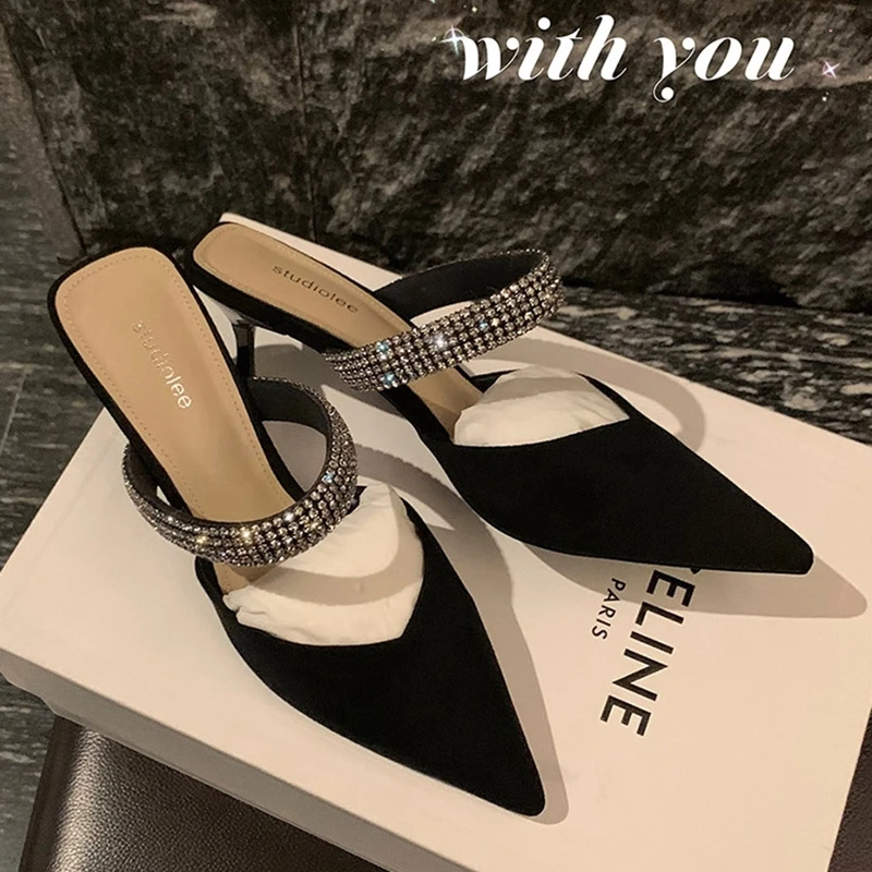 Top Trends: Black High-heeled Shoes Women&#039;s 2023 Spring Summer New Women&#039;s Shoes Stiletto Pointed Toe Pumps Rhinestone Glitter Mules Pumps Shoppable Styles