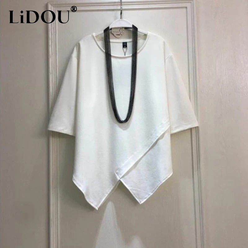 Top Trends: 2023 Summer New Solid Color Asymmetrical T-Shirts Women Round Neck Half Sleeve Loose Casual Pullovers Korean Style All-match Top Shoppable Styles