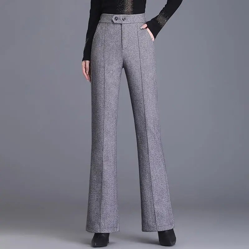 Top Trends: Korean Simple Women Woolen Pants Autumn Winter Thickened Solid Pockets Office Lady Fashion High Waist Casual Straight Trousers Shoppable Styles