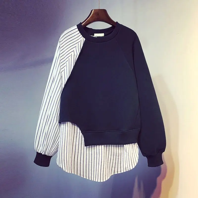 Top Trends: 2023 New Spring And Autumn Fashion Trend Round Neck Loose Stripe Contrast Panel Fake Two Piece Oversize Women&#039;s Sweater Shoppable Styles