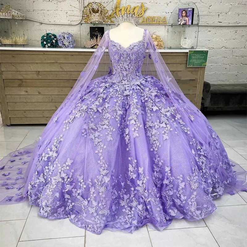 Top Trends: Lilac Lavender Butterfly Quinceanera Dresses With Cape Lace Applique Sweet 16 Dress Mexican Prom Gowns 2023 Vestidos De XV Anos Shoppable Styles