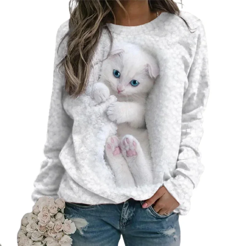 Top Trends: Women Spring Autumn O Neck Pullover Hoodie Cute Cat Print Comfortable Casual Sweatshirt Female New Korean Loose Long Sleeve Tops Shoppable Styles