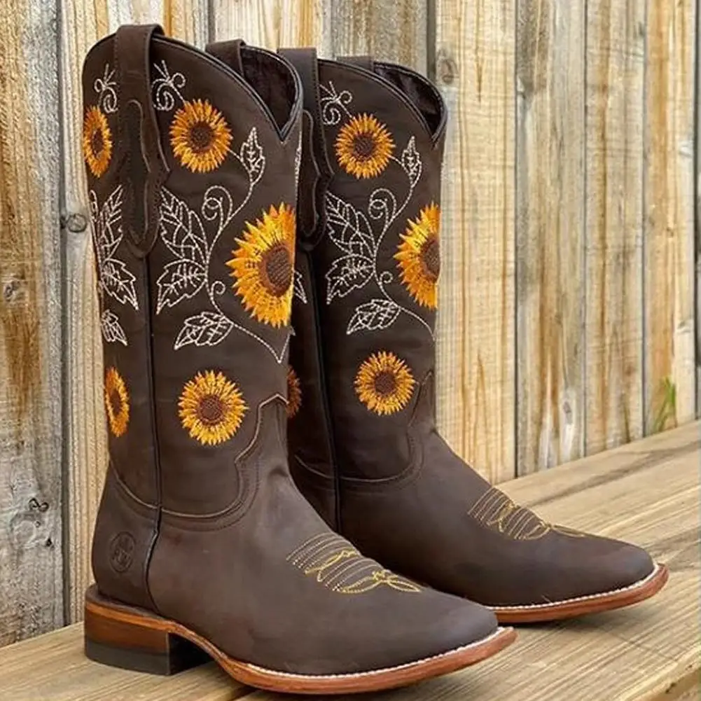 Top Trends: New Women Coffee Brown Embroidery Boots PU Leather Printed Western Cowboy Boots Deep V-mouth High Tube Casual Boots Classic Shoppable Styles