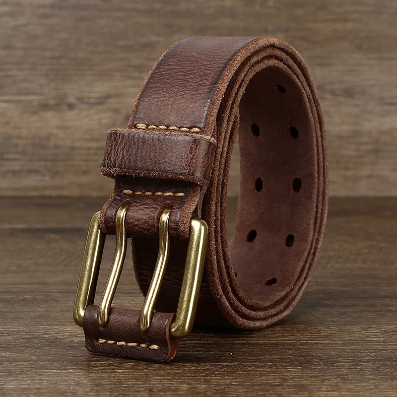 Top Trends: Belt For Men Leather Work Heavy Duty Double Buckles Dlawed Genuine Leather 3.8cm Male Copper Buckle Retro Brown Men's Belt Shoppable Styles