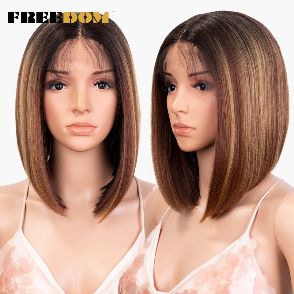 Top Trends: FREEDOM Synthetic Lace Wigs Straight Short Bob Ombre Brown Red Wig Middle Part Lace Wigs For Black Women Highlight Cosplay Wigs Shoppable Styles