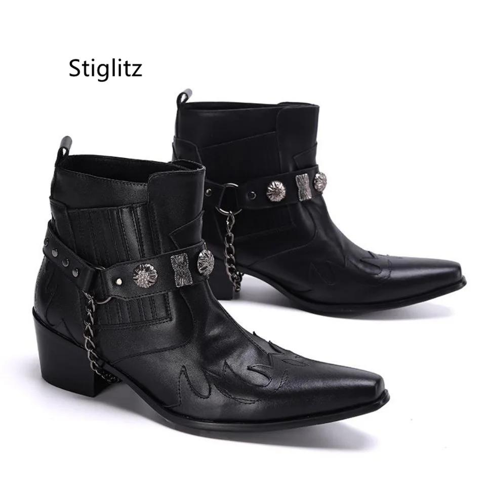 Top Trends: Genuine Leather Men Cowboy Ankle Boots Belt Buckle Chelsea Boots Rome Work Safety Shoes High Heels Metal Chain Rivet Men&#039;s Shoes Shoppable Styles