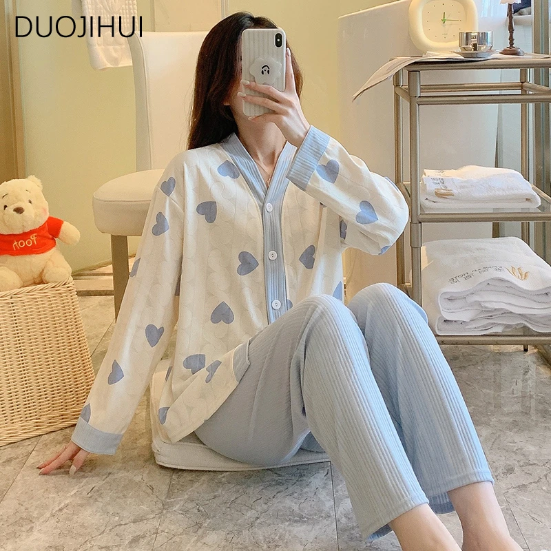 Top Trends: DUOJIHUI Autumn Two Piece Sweet Simple Female Pajamas Set V-neck Cardigan Basic Loose Pant Fashion Casual Home Pajamas For Women Shoppable Styles - Image 5