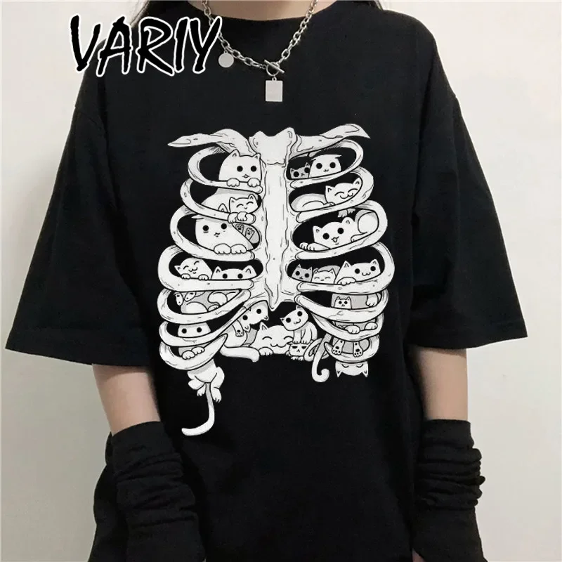 Top Trends: Gothic Black Women T-Shirts Little Cats Group On The Skeleton Anatomy Organ Structure Graphic Tshirt For Woman Crew Neck Tops Shoppable Styles