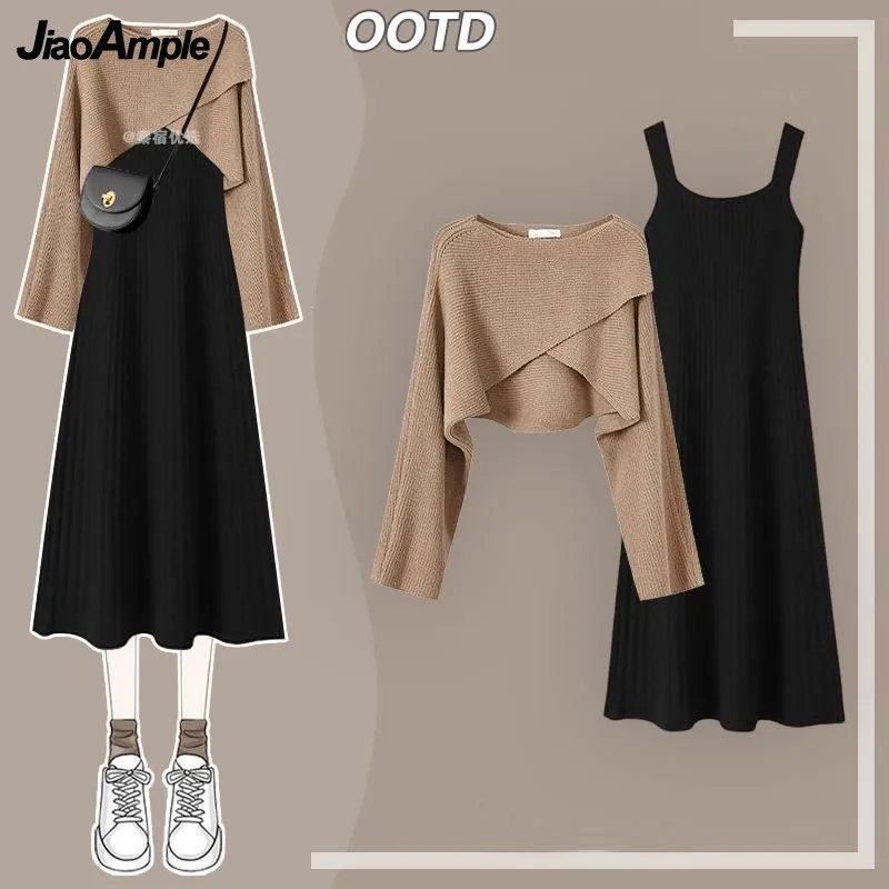 Top Trends: Women&#039;s Autumn Winter New Knitted Sweater Dress Matching Set Korean Elegant Short Pullover Strap Skirt Two Piece Female Clothing Shoppable Styles