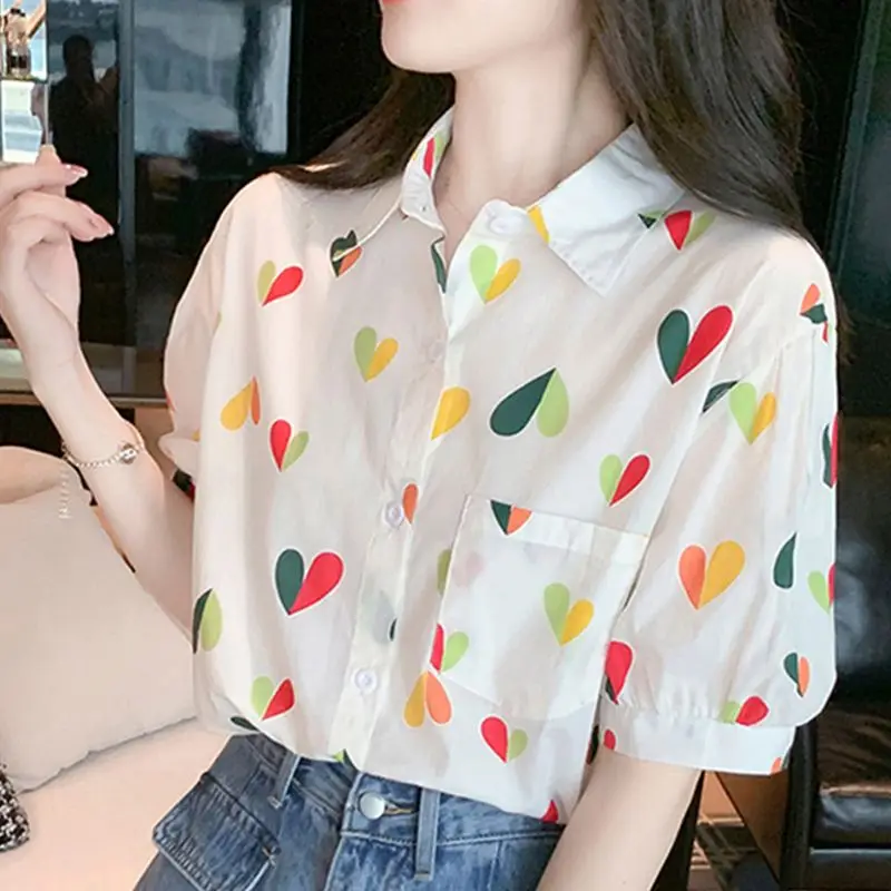 Top Trends: Korean Fashion Printed Turn-down Collar Shirt For Female Summer All-match Short Sleeve Casual Button Blouse Women&#039;s Clothing Shoppable Styles