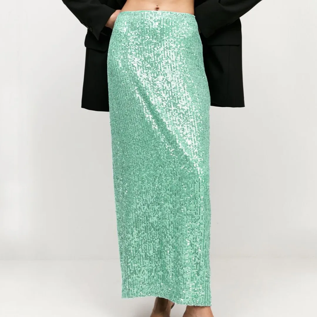 Top Trends: Elegant Green Sequined Maxi Skirts For Women Sexy High Waist Slit Skirts Club Party Outfits Fashion Casual Long Skirts 2023 Shoppable Styles