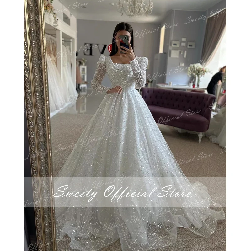 Top Trends: Luxurious Wedding Gowns With Beading Princess A-line Ball Gown Square Collar Full Sleeve Bride Dress Prom Dresses Robe De Marie Shoppable Styles - Image 5