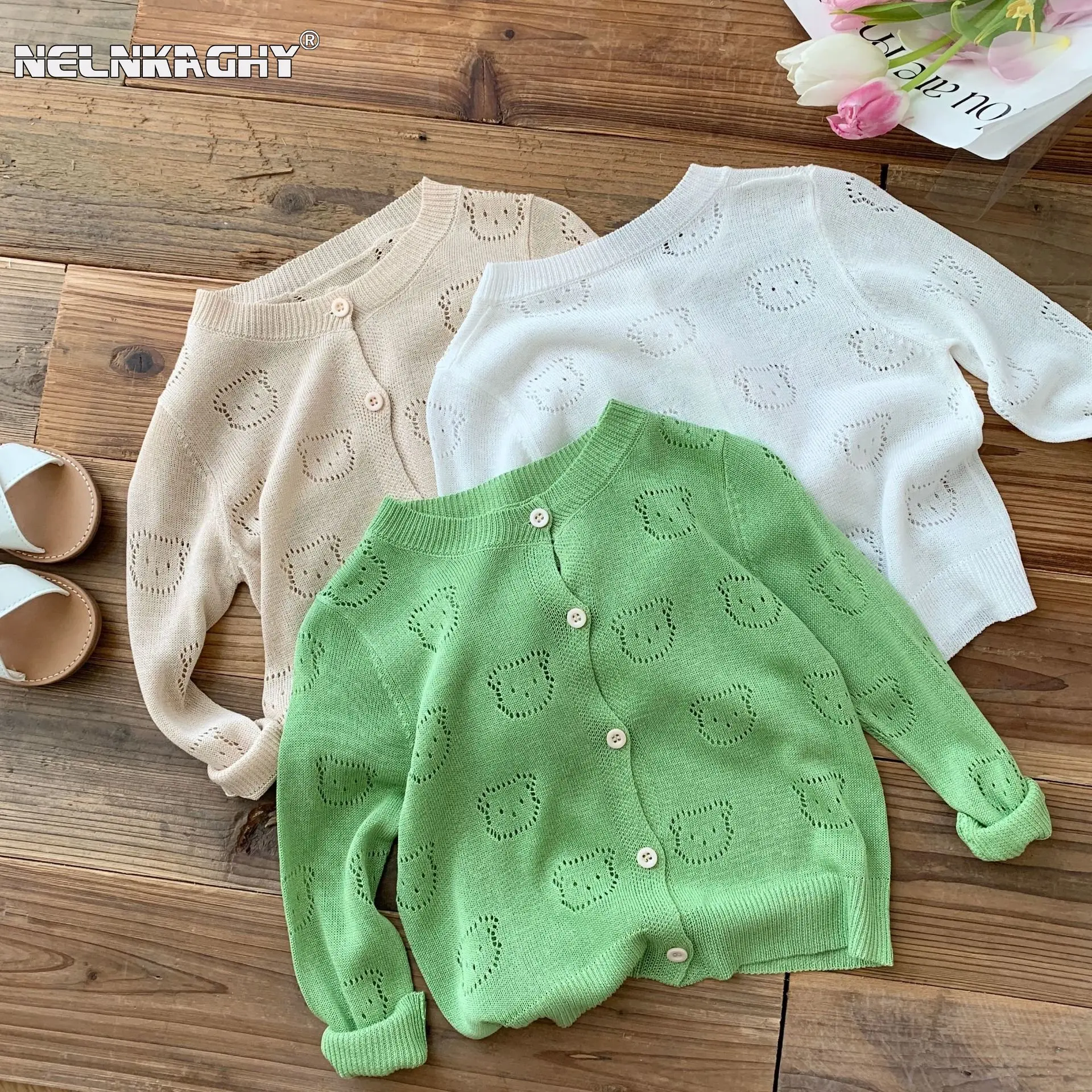 Top Trends: Simple Fashion Kid Air-Conditioned Cardigan: Solid Color Knitted Tops Hollow-Out Bear Sweater Coat Children Baby Boys Girls 0-6Y Shoppable Styles