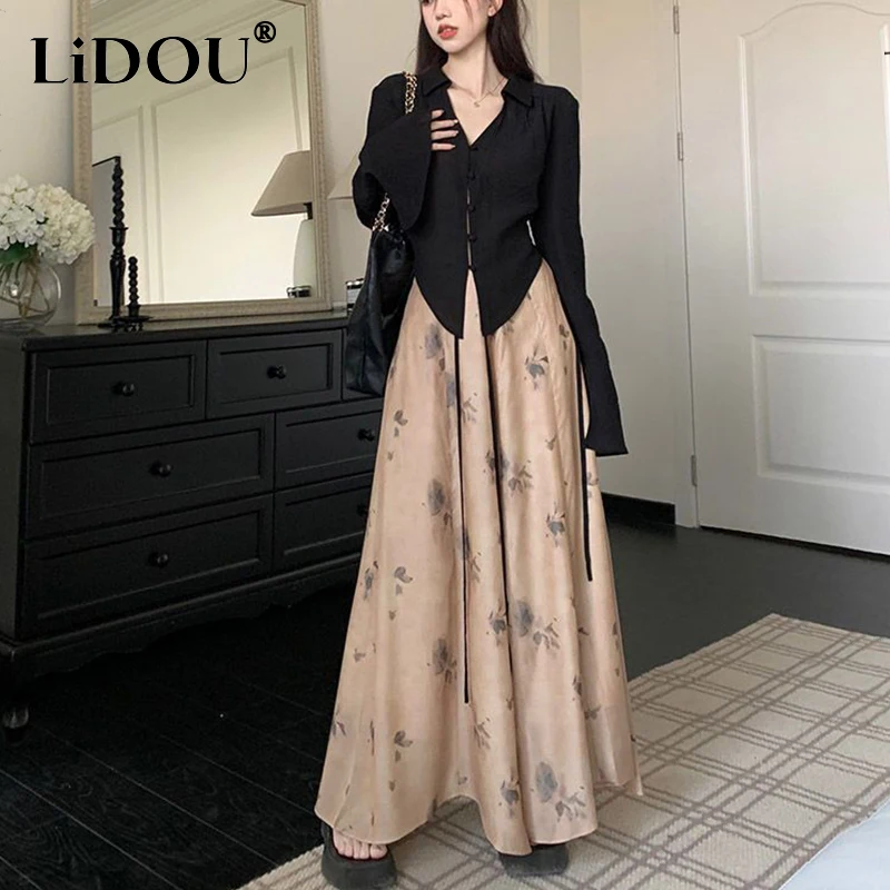 Top Trends: Autumn Winter Vintage Ink Printing Skirt Pants Slim Irregular Long Sleeve Top Set Women's Casual Fashion T-shirt Trousers Suit Shoppable Styles