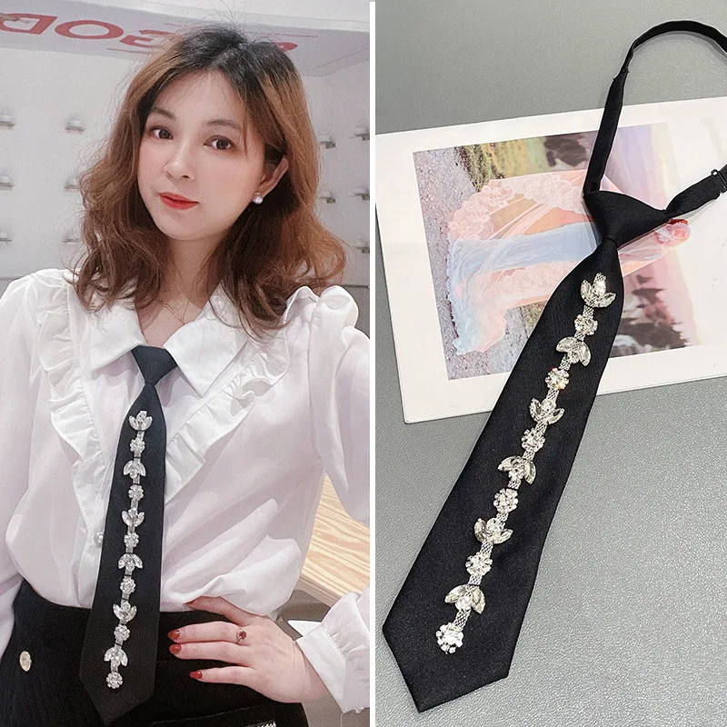 Top Trends: Retro Black Solid Neck Ties Student White Shirts For Women Crystal Rhinestones Bow Ties Casual Trendy Wedding Party Necktie Shoppable Styles