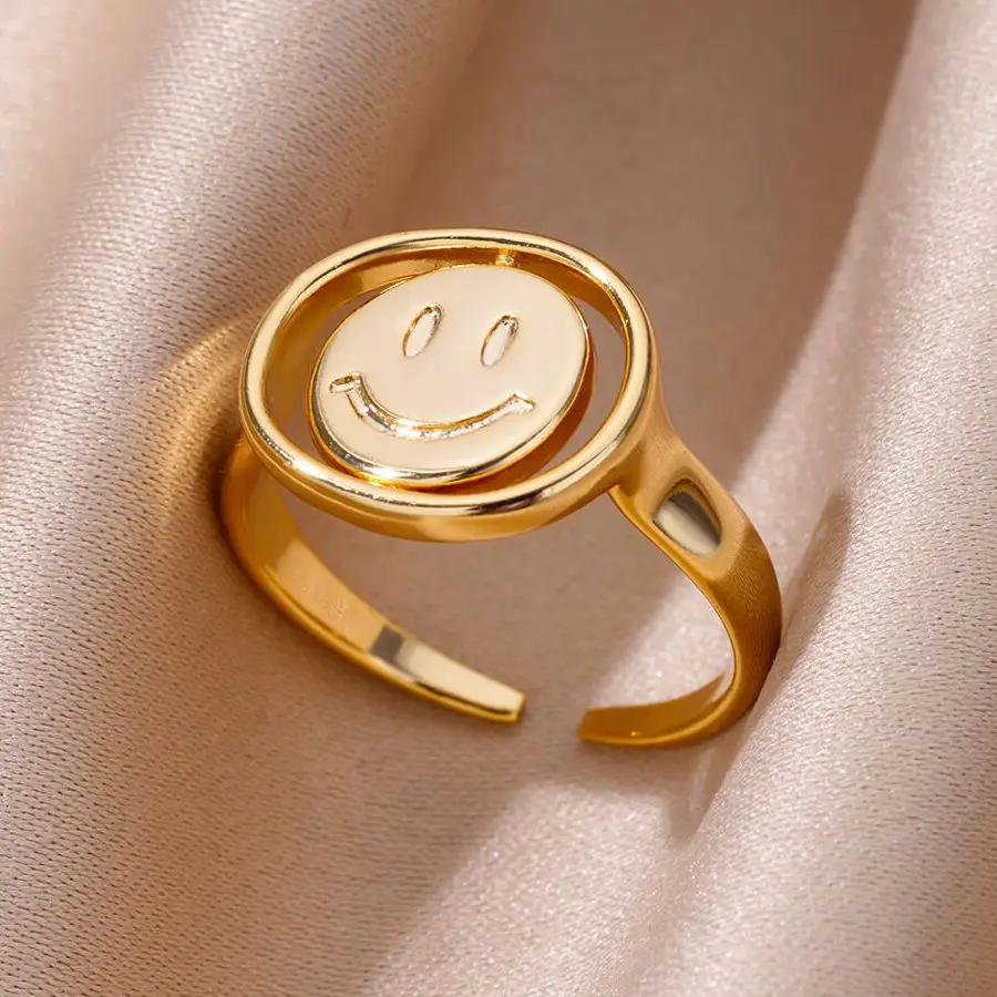 Top Trends: Smile Face Fidget Spinner Rings For Women Gold Color Stainless Steel Anti Stress Anxiety Mood Ring Jewelry Valentines Day Gift Shoppable Styles - Image 6