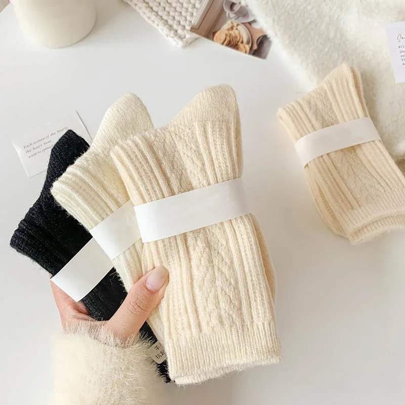 Top Trends: 3 Pairs / Lot New Cashmere Wool Socks Women's Winter Thicken Warm Black White Pack Set Thermal Japanese Fashion Solid Color Shoppable Styles