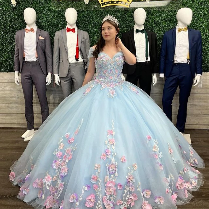 Top Trends: Sky Blue Quinceanera Dresses Pink 3D Flowers Floral Appliques Lace Ball Gown Off The Shoulder Corset Vestidos De XV Anos Shoppable Styles