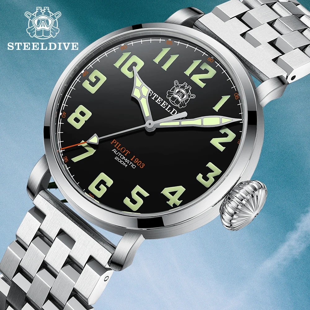 Top Trends: STEELDIVE Dive Watch SD1903 Stainless Steel Pilot 20Bar Waterproof Mechanical Watch Big Dial Swiss C3 Green Luminous Wristwatch Shoppable Styles