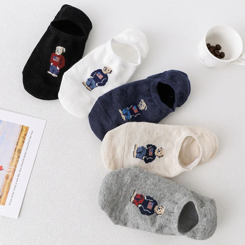 Top Trends: 5pair / lot Fashion Men's Boat Socks Cartoon Bear Xia Qiu Non Slip Invisible Silicone Cotton Ankle Slippers Socks Retro Shoppable Styles