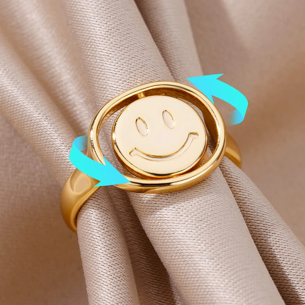 Top Trends: Smile Face Fidget Spinner Rings For Women Gold Color Stainless Steel Anti Stress Anxiety Mood Ring Jewelry Valentines Day Gift Shoppable Styles - Image 2