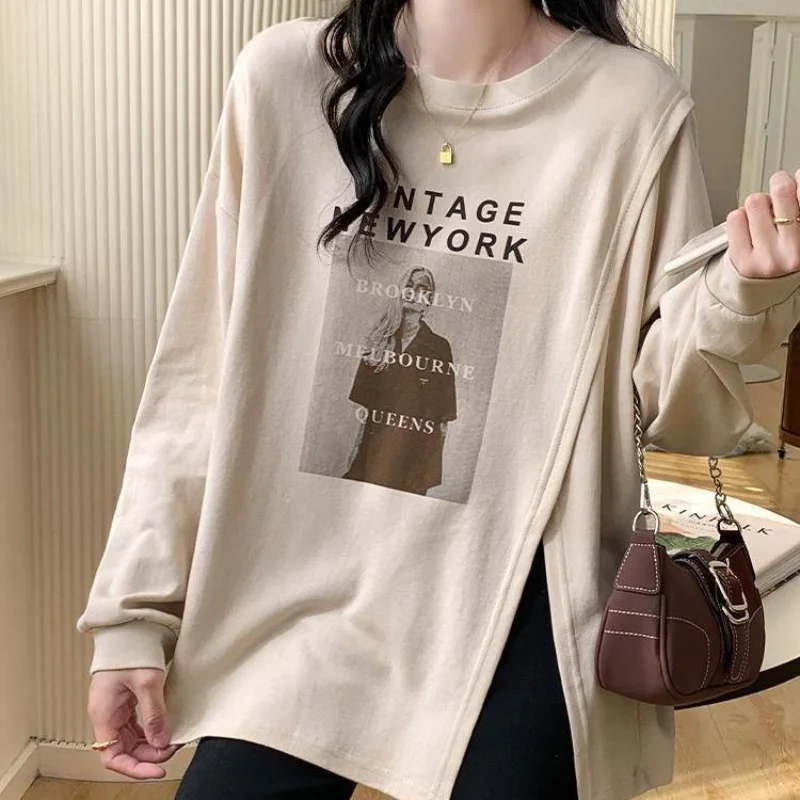 Top Trends: Personality Design Sense Niche Hem Split Long Sleeved Top Women With Bottom Layer Printing Letter Lady All-match T-shirt Shoppable Styles - Image 4