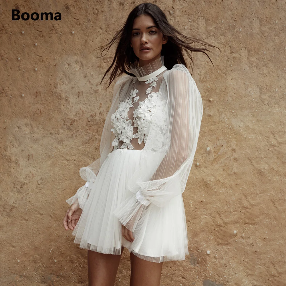 Top Trends: Booma Simple Backless Short Wedding Dresses Long Sleeves Pleated Tulle Mini Bride Dresses Flowers Illusion Civil Wedding Gowns Shoppable Styles