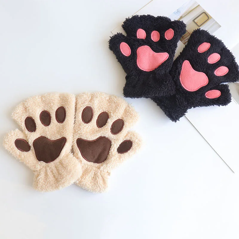 Top Trends: 1Pair Girl Lovely Bear Plush Cat Paw Claw Gloves Winter Faux Fur Kitten Fingerless Mittens For Women Christmas Halloween Gloves Shoppable Styles - Image 3