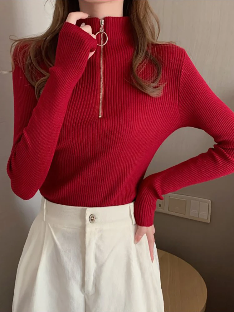 Top Trends: 2024 Knitted Women Zipper High Neck Sweater Pullovers Turtleneck Autumn Winter Basic Women Sweaters Slim Fit Black Pull Femme Shoppable Styles - Image 6