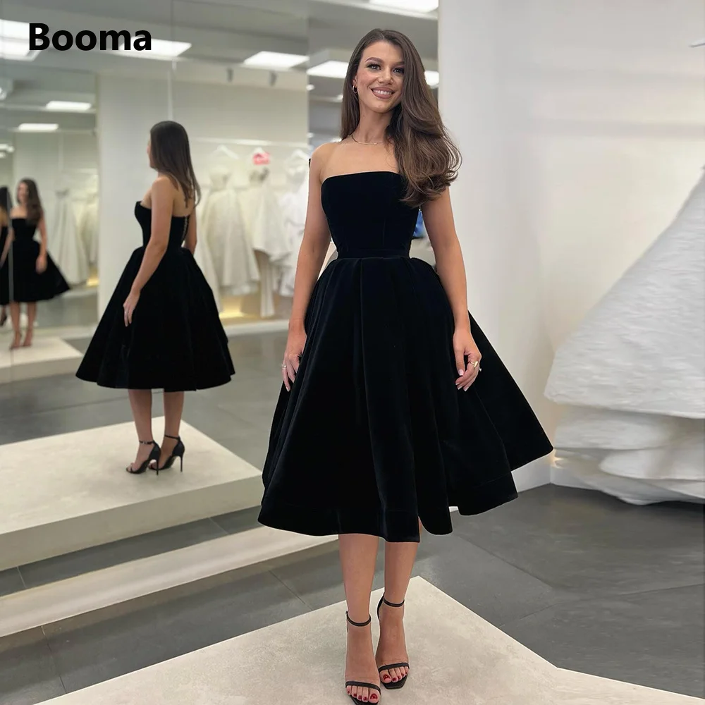 Top Trends: Booma Elegant Velvet Short Little Black Dresses 2022 Strapless Tea-Length A-Line Prom Gowns Simple Velour Midi Party Dresses Shoppable Styles