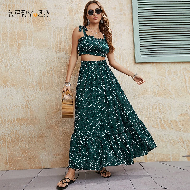 Top Trends: Women Summer Casual Floral Print Skirt Set Sexy Sleeveless Short Strap Tops & Elastic High Waist Maxi Skirt Two Piece Suits Shoppable Styles