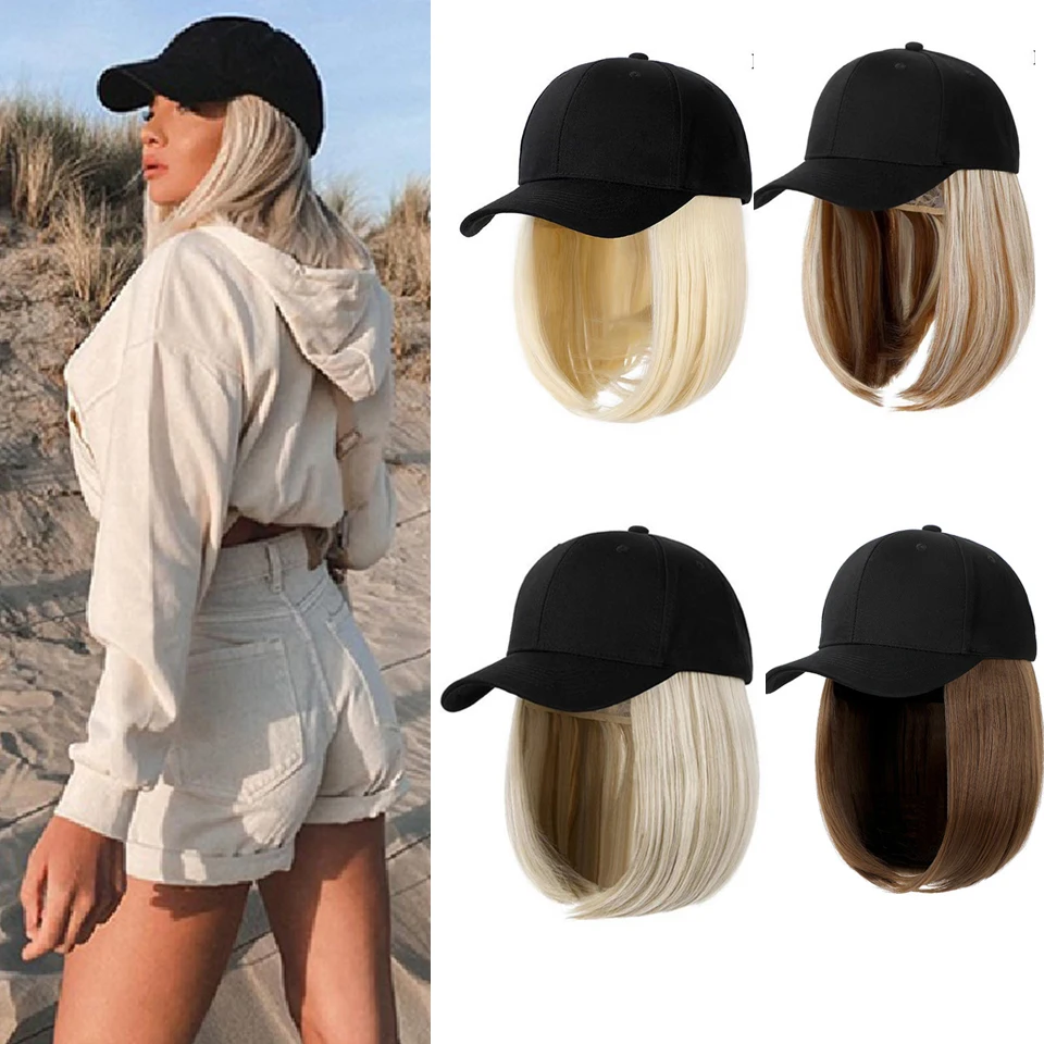 Top Trends: Synthetic Adjustable Black Hat Wigs Short Bob Straight Baseball Cap Wig Seamless Connection Hair Extensions For Women Shoppable Styles