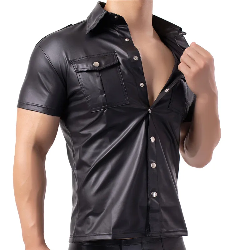 Top Trends: Mens Shirts Faux Leather T Shirts Nightclub Stage Costumes Short Sleeve Button Up Shirt PU Leather Latex Wetlook Dance Clubwear Shoppable Styles