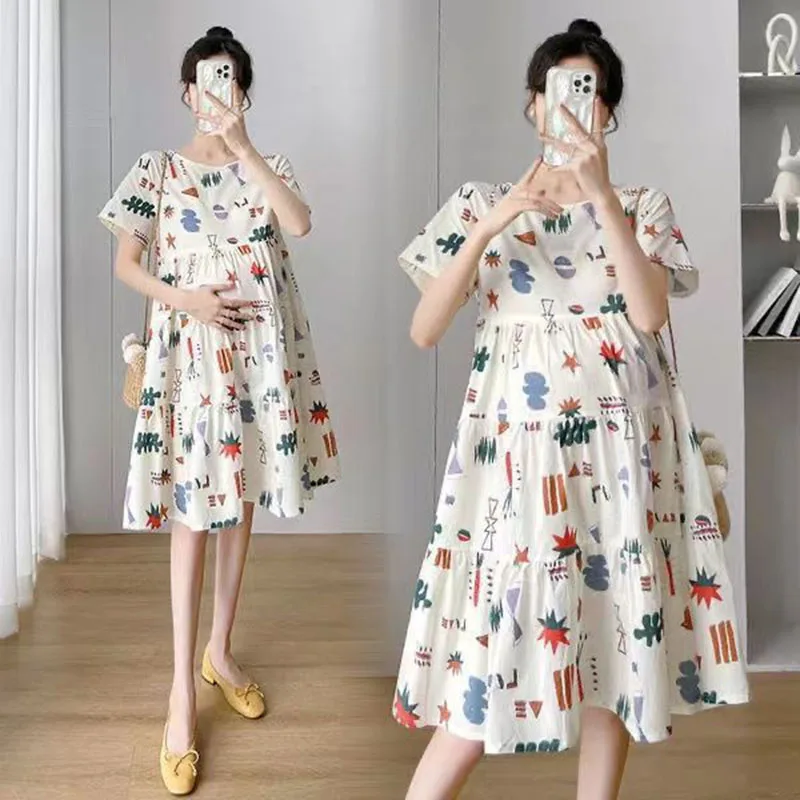 Top Trends: Maternity Summer Dresses Fashion A-line Loose Short Sleeve Skirt Pregnant Women Irregular Clothes Pregnancy Mom Print Dress New Shoppable Styles